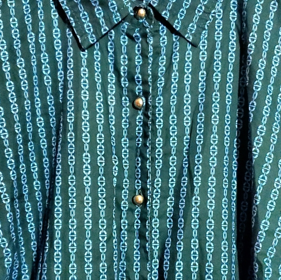 TOMMY HILFIGER SHIRT DRESS. WOMENS Sz:L GOLD BUTTONS GREEN/TEAL/BLUE CHAINLINK - Picture 3 of 10